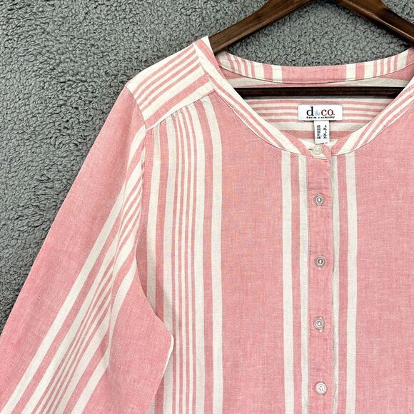 D&Co. Top Women L‎ Pink Striped Popover Yarn Woven Hi-Low Hem Linen Blend F14 - Picture 4 of 16